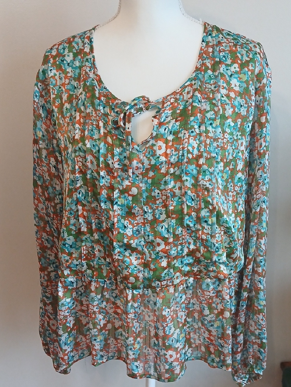 Umgee Green & Brown Floral Tie-Neck Blouse